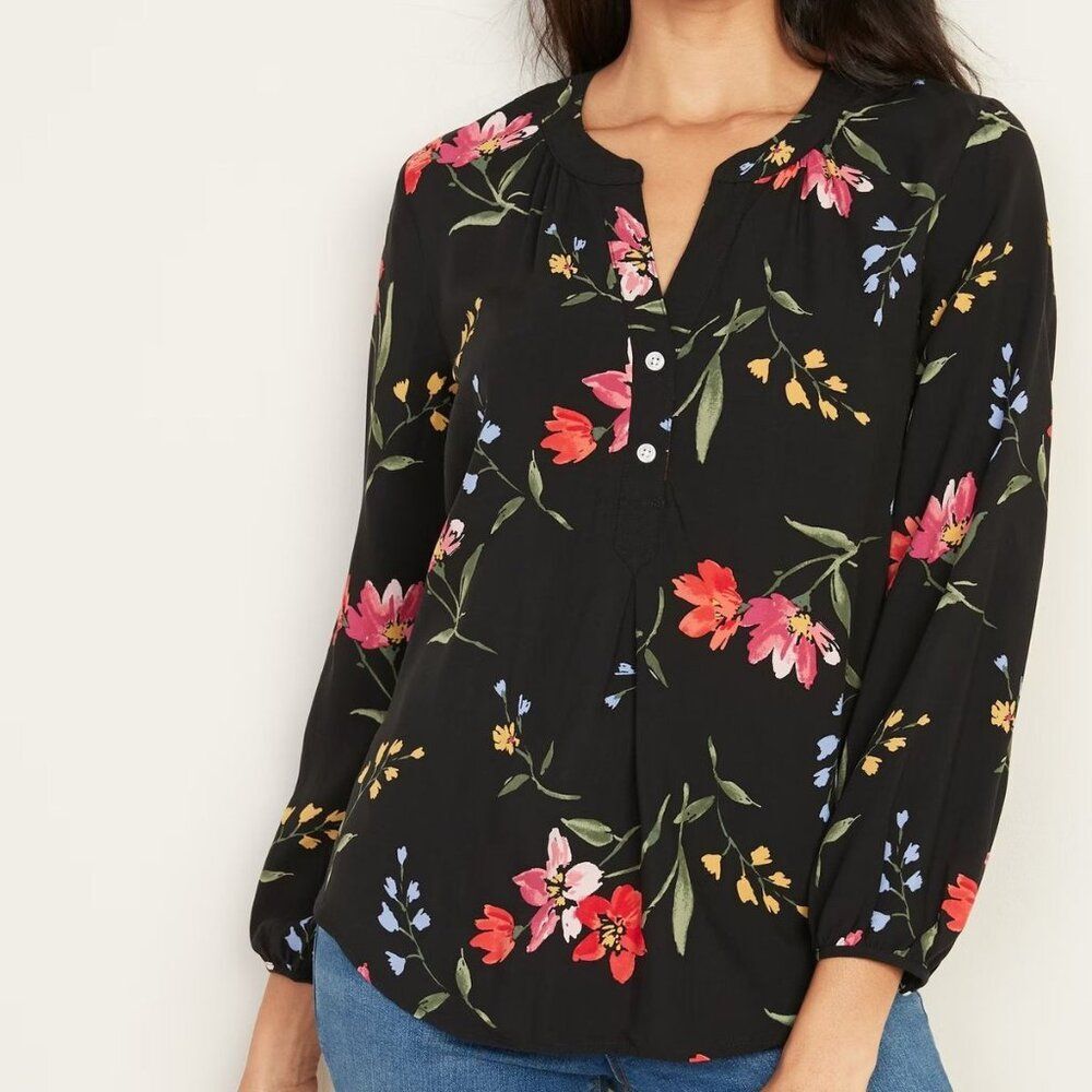 Old Navy Relaxed Popover Blouse Black Floral Size XL